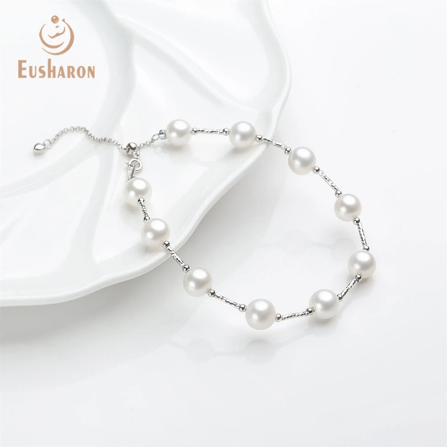 8-9mm White Freshwater AK Round Pearl Tin Cup Bracelet