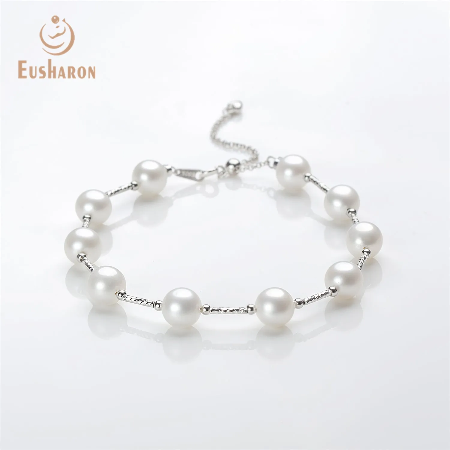 8-9mm White Freshwater AK Round Pearl Tin Cup Bracelet