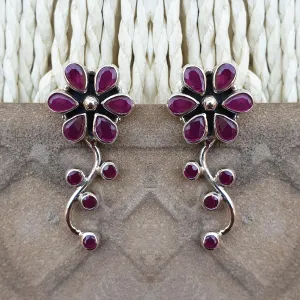 925 Silver Ruby Red Flower Leaf Earrings