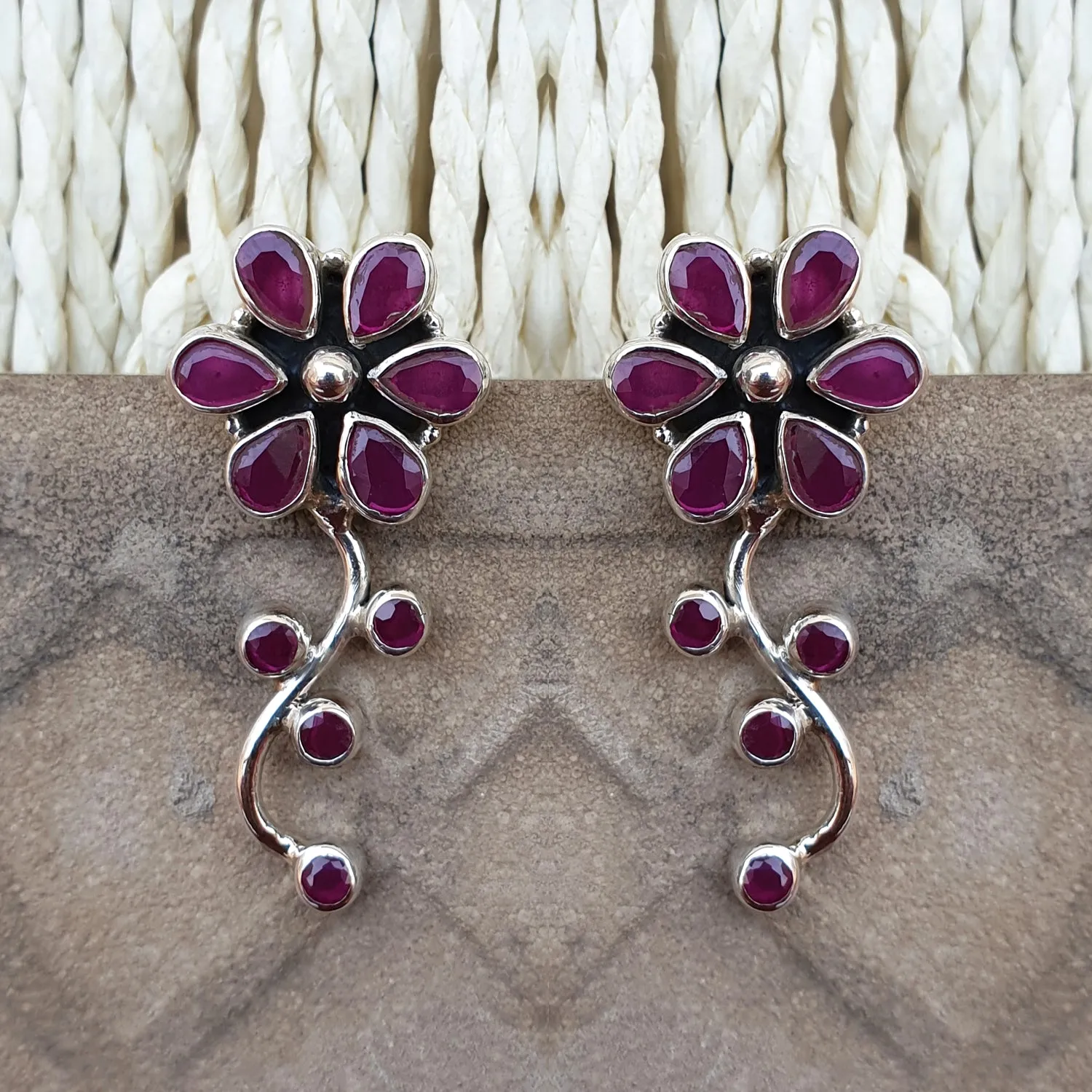 925 Silver Ruby Red Flower Leaf Earrings