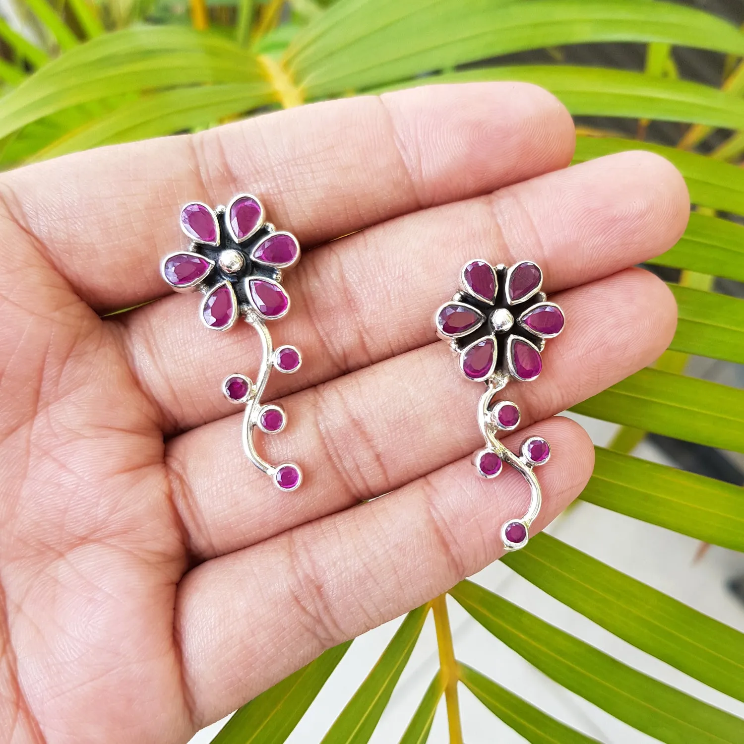 925 Silver Ruby Red Flower Leaf Earrings