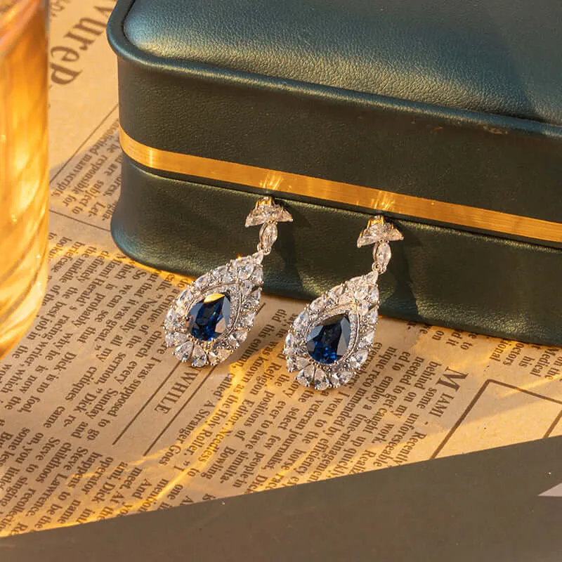 925 Silver Sapphire Drop Shape CZ Diamond Earrings