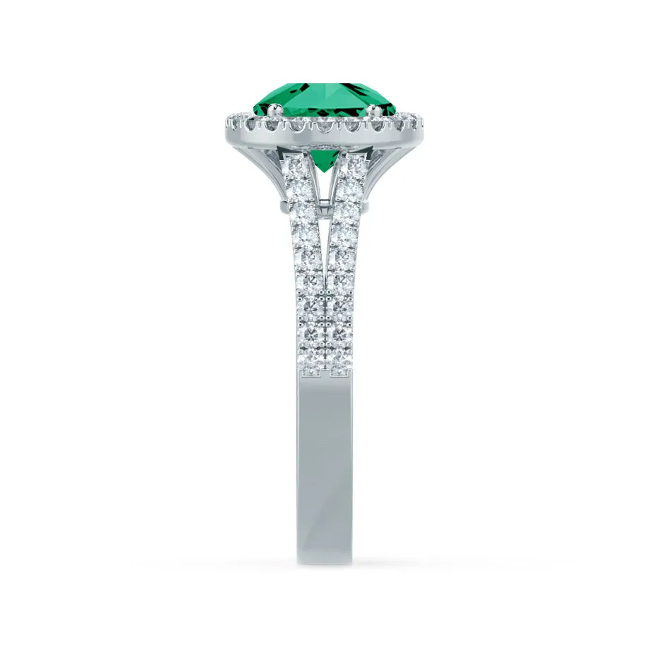 AMELIA - Chatham® Lab Grown Emerald & Diamond Platinum 950 Halo Ring