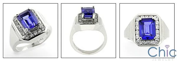 Anniversary 3 Carat Emerald Cut Tanzanite Cubic Zirconia Channel Halo Ring 14K White Gold