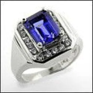 Anniversary 3 Carat Emerald Cut Tanzanite Cubic Zirconia Channel Halo Ring 14K White Gold