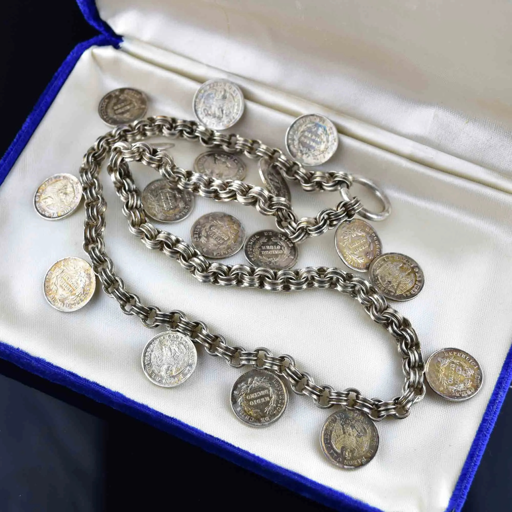 Antique 1869 Silver Watch Chain Coin Fringe Necklace