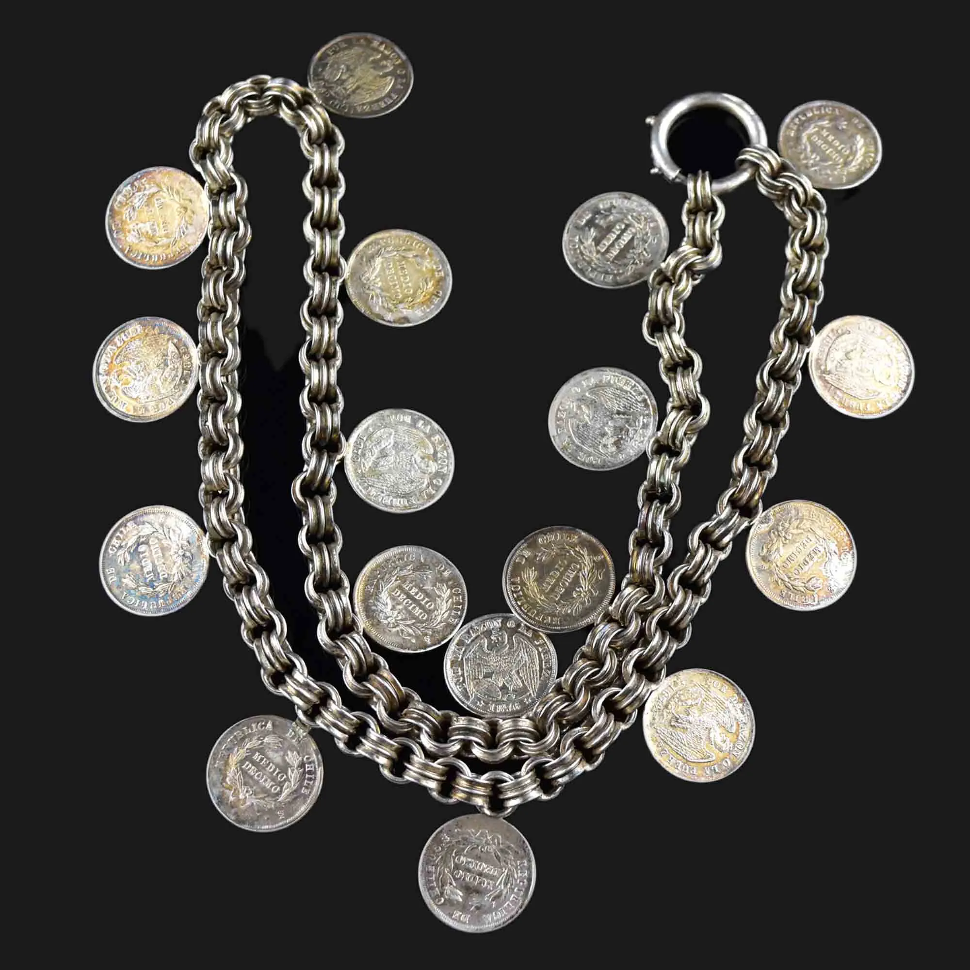 Antique 1869 Silver Watch Chain Coin Fringe Necklace