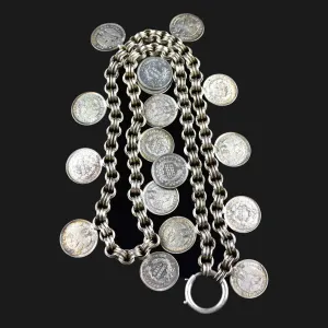 Antique 1869 Silver Watch Chain Coin Fringe Necklace