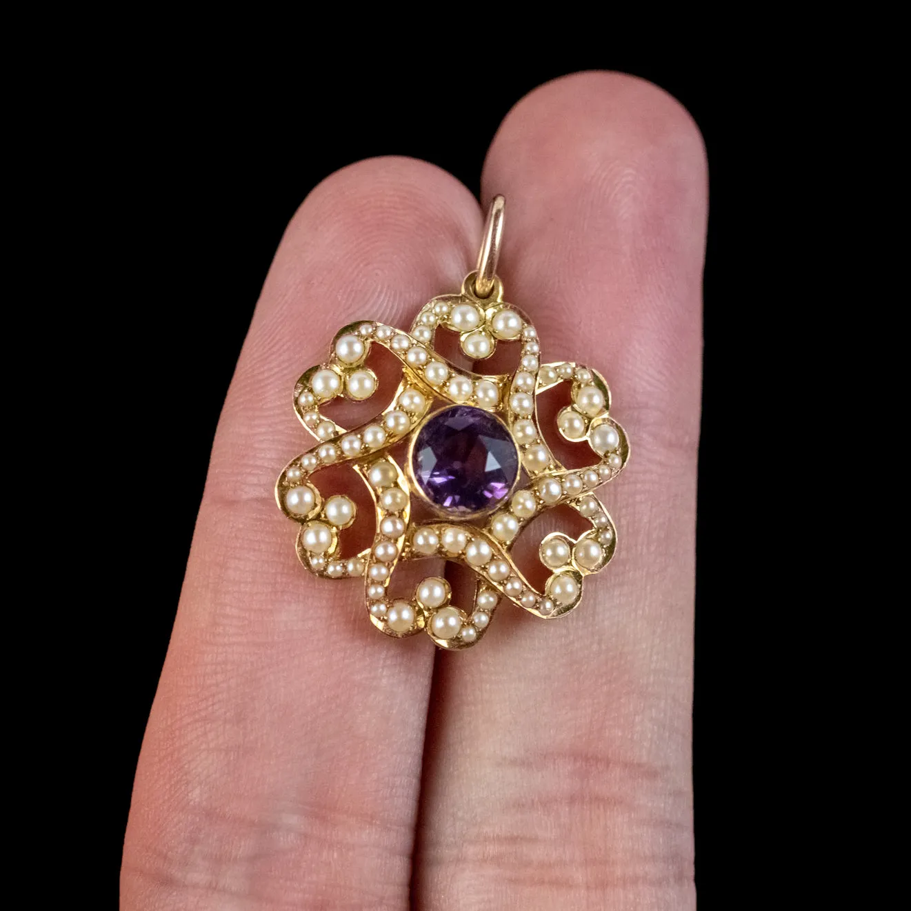 Antique Edwardian Amethyst Pearl Pendant 15ct Gold Circa 1905 Boxed