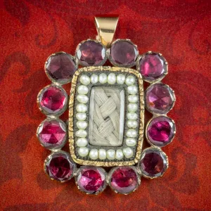 Antique Georgian Flat Cut Garnet Pearl Mourning Pendant 18ct Gold