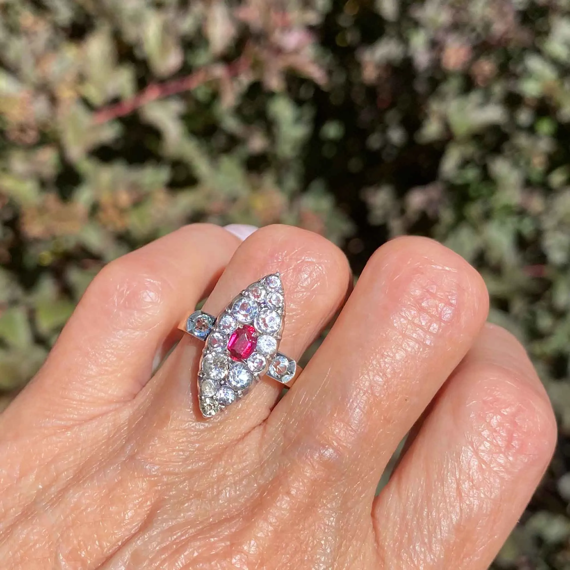 Antique Georgian Victorian Diamond Ruby Paste Navette Ring