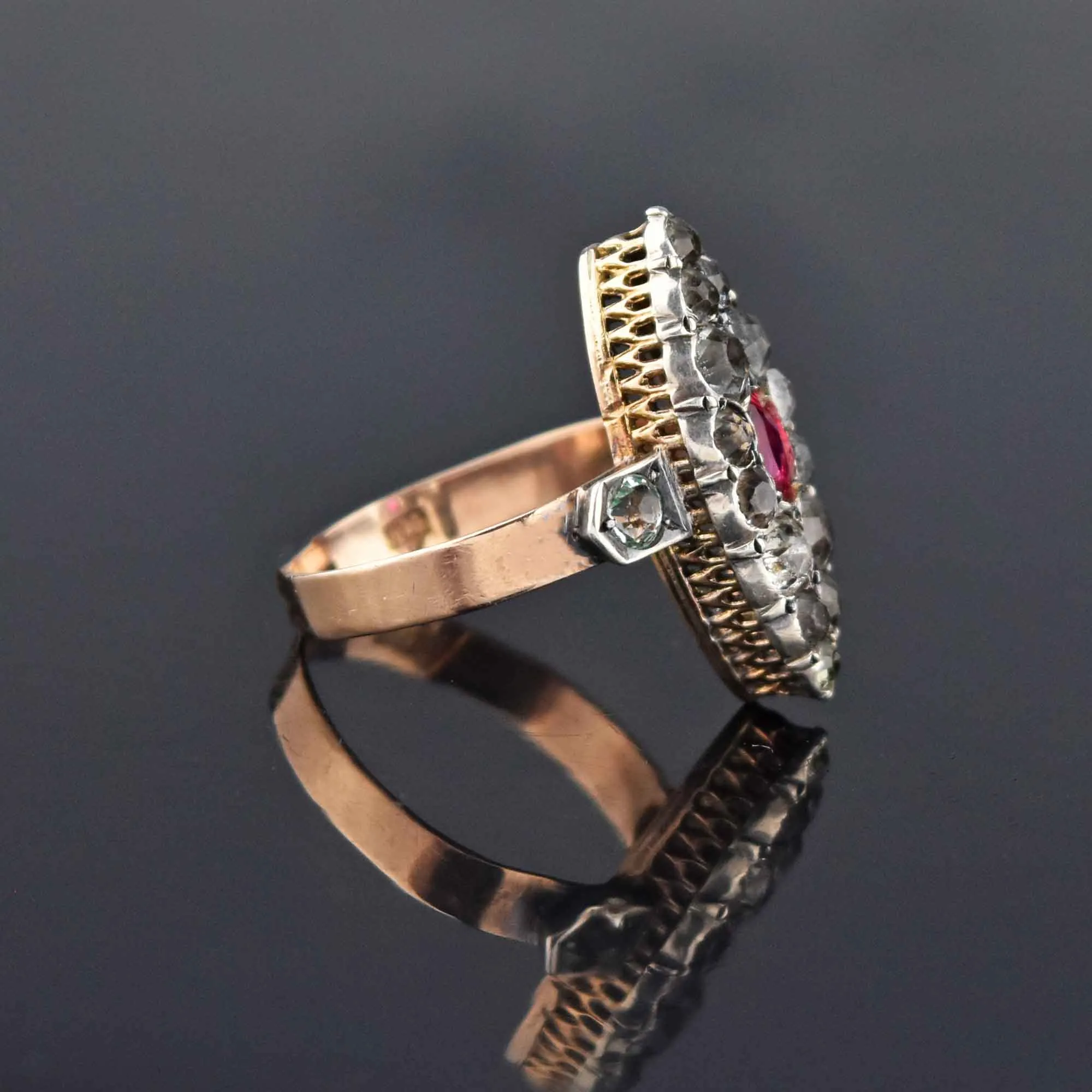 Antique Georgian Victorian Diamond Ruby Paste Navette Ring