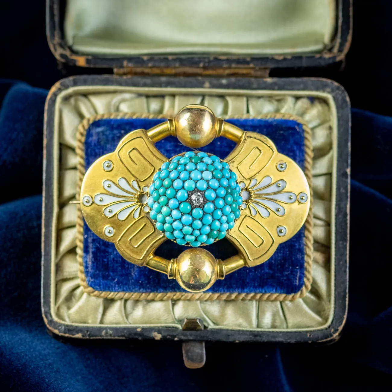 Antique Victorian Etruscan Turquoise Diamond Mourning Brooch 18ct Gold