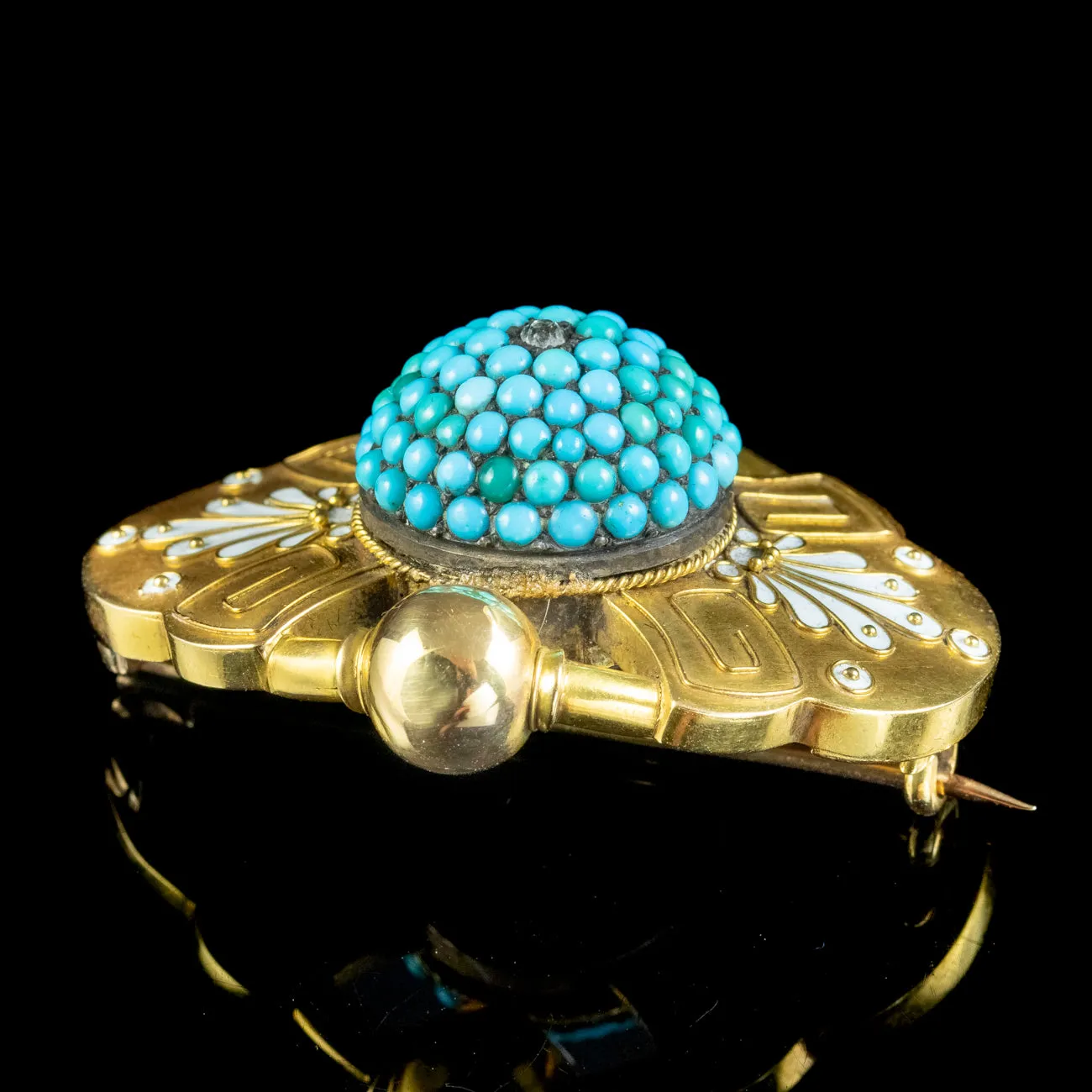 Antique Victorian Etruscan Turquoise Diamond Mourning Brooch 18ct Gold