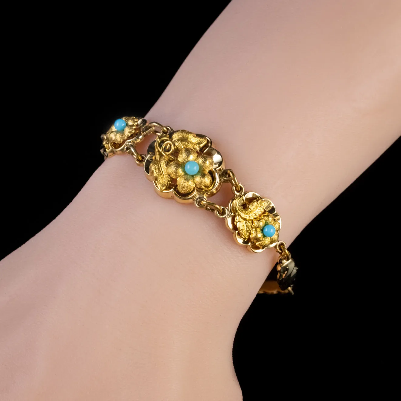 Antique Victorian Forget Me Not Bracelet 18Ct Gold Gilt Silver Circa 1900