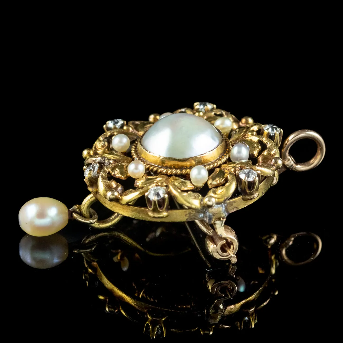 Antique Victorian Pearl Diamond Pendant Brooch 18ct Gold