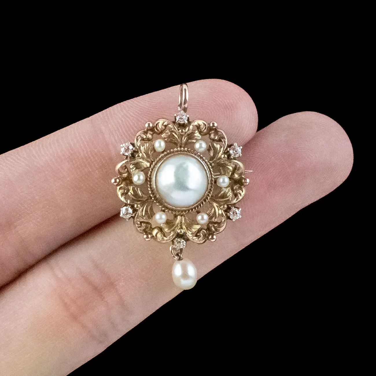 Antique Victorian Pearl Diamond Pendant Brooch 18ct Gold