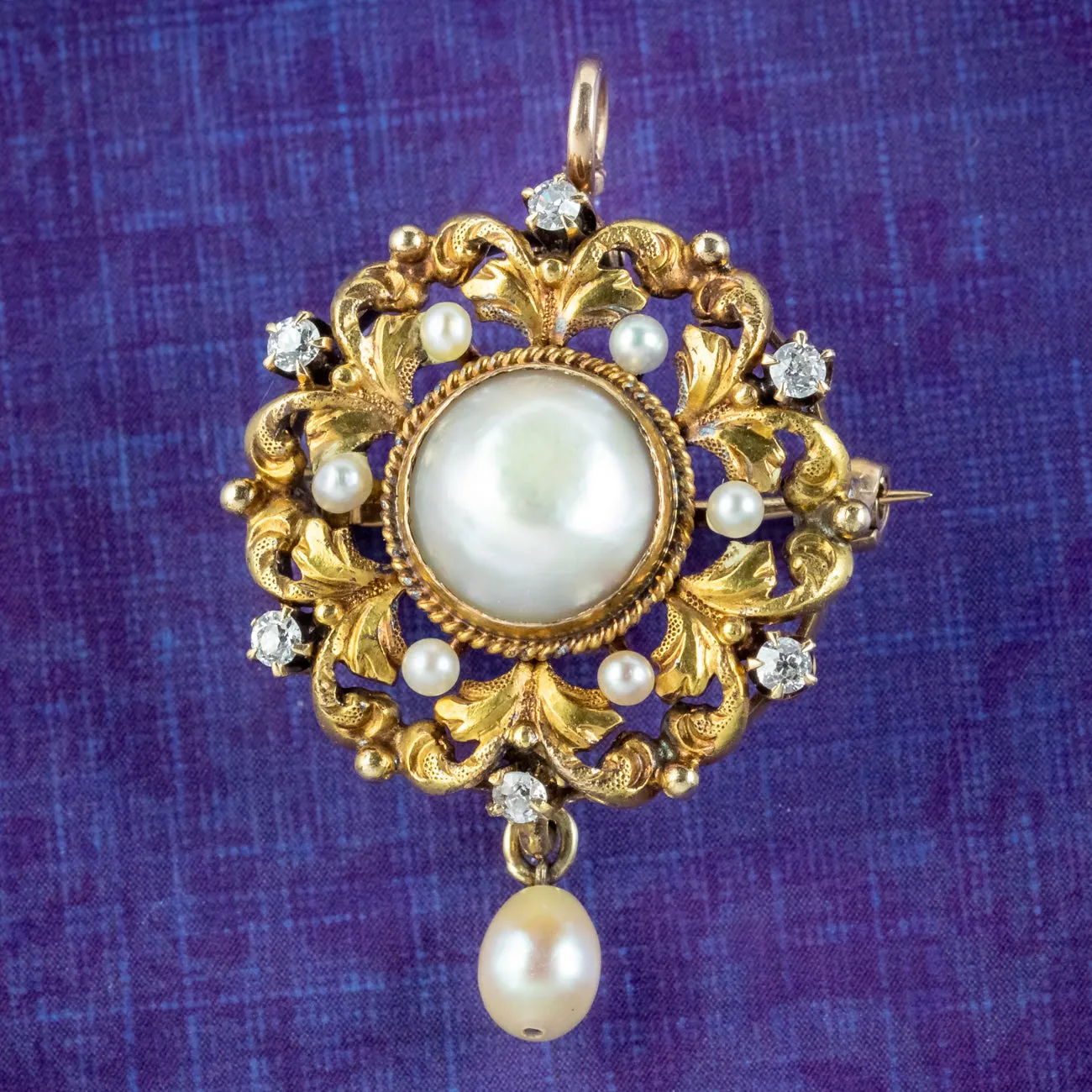 Antique Victorian Pearl Diamond Pendant Brooch 18ct Gold