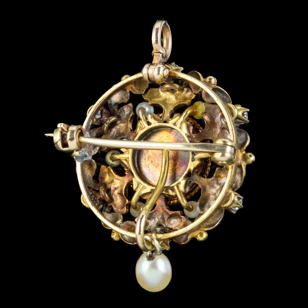 Antique Victorian Pearl Diamond Pendant Brooch 18ct Gold