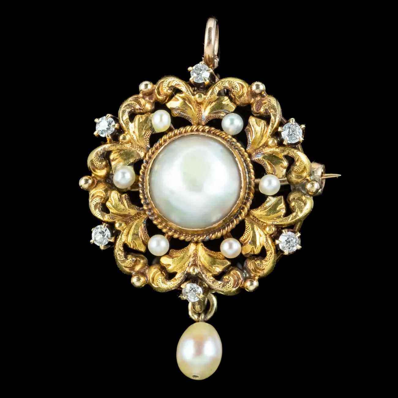 Antique Victorian Pearl Diamond Pendant Brooch 18ct Gold