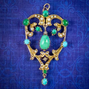 Antique Victorian Turquoise Pearl Diamond Pendant 9ct Gold Circa 1900