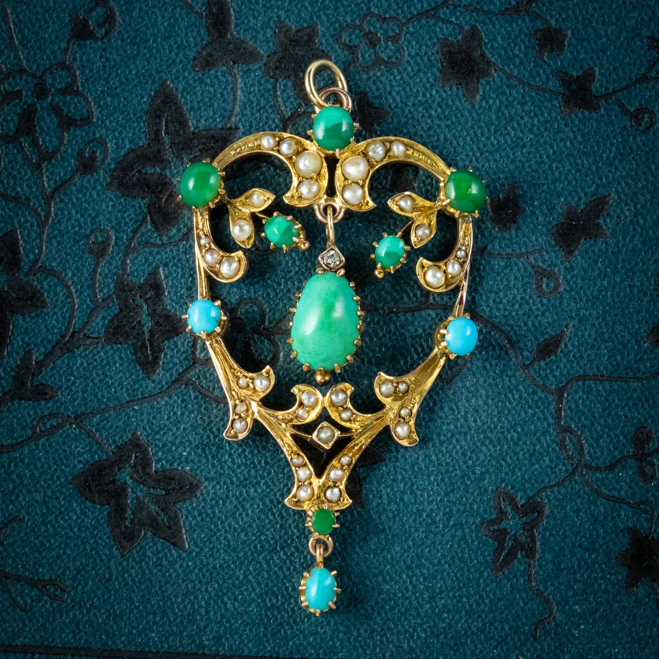 Antique Victorian Turquoise Pearl Diamond Pendant 9ct Gold Circa 1900