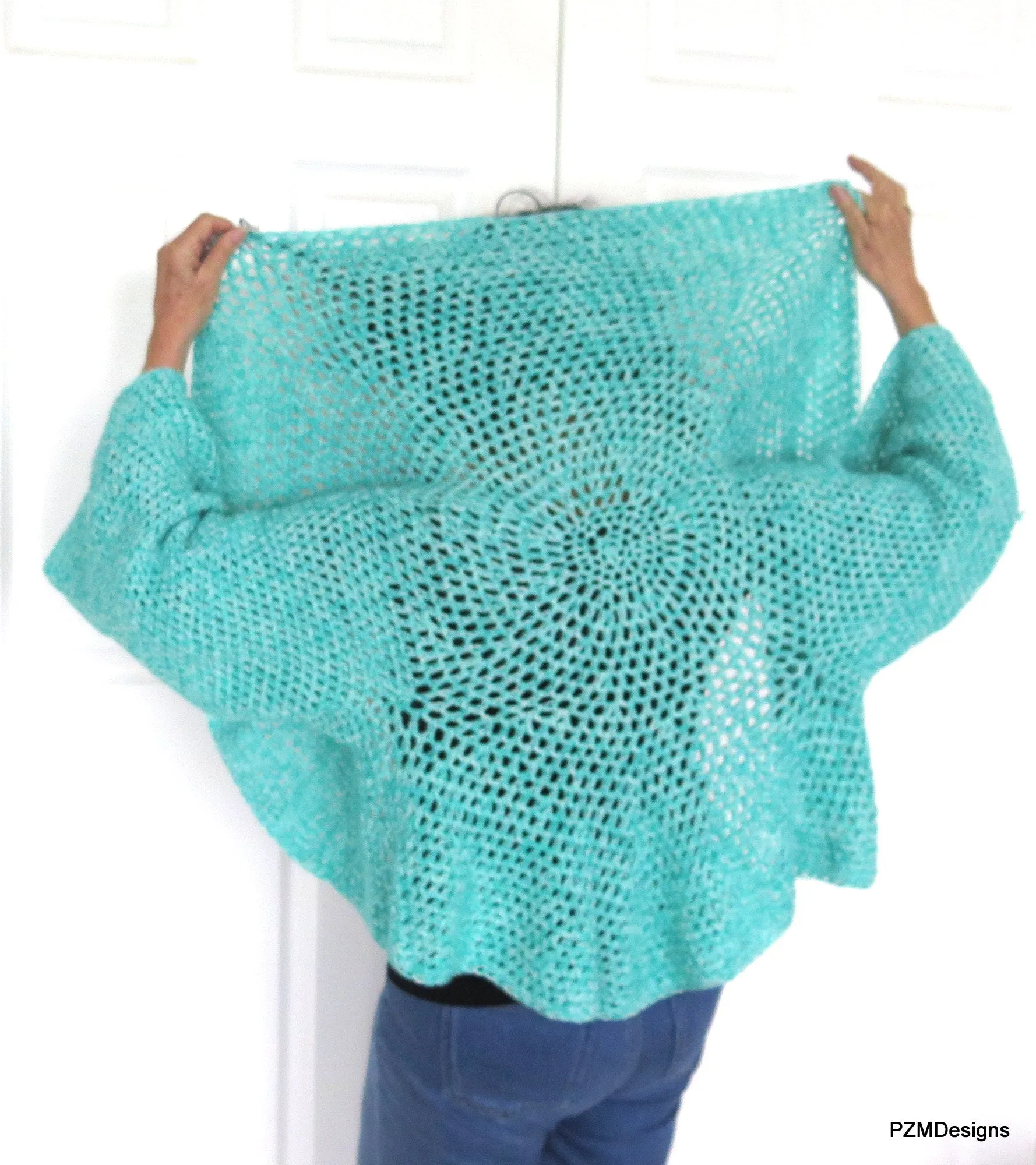 Aqua Plus Size Circle Shrug, Handmade Crochet