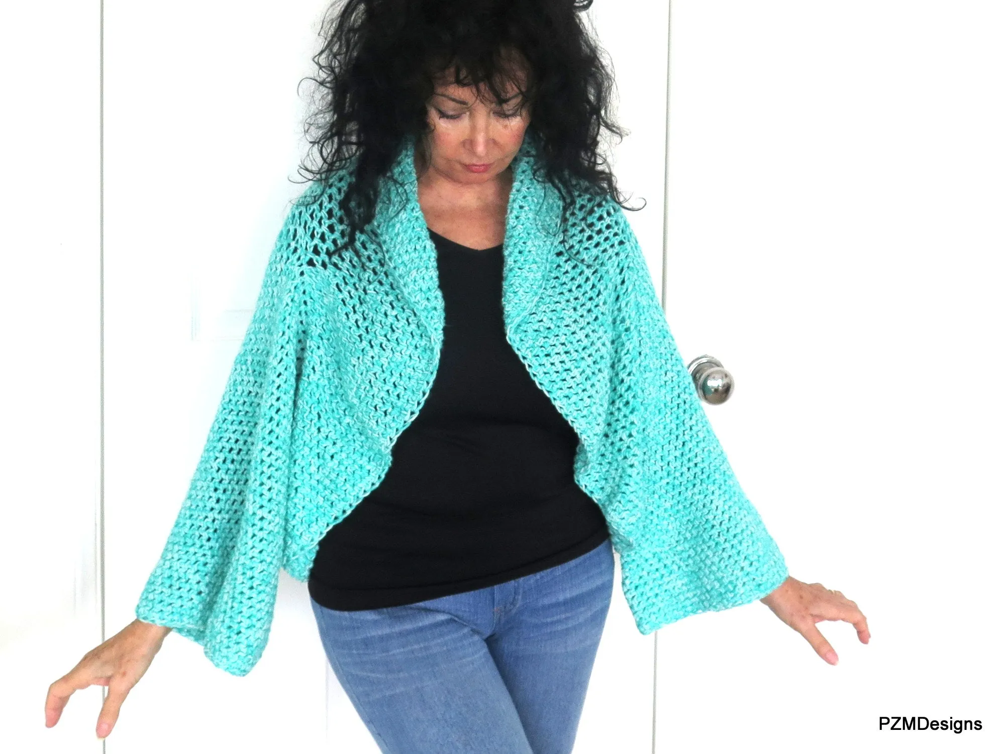 Aqua Plus Size Circle Shrug, Handmade Crochet