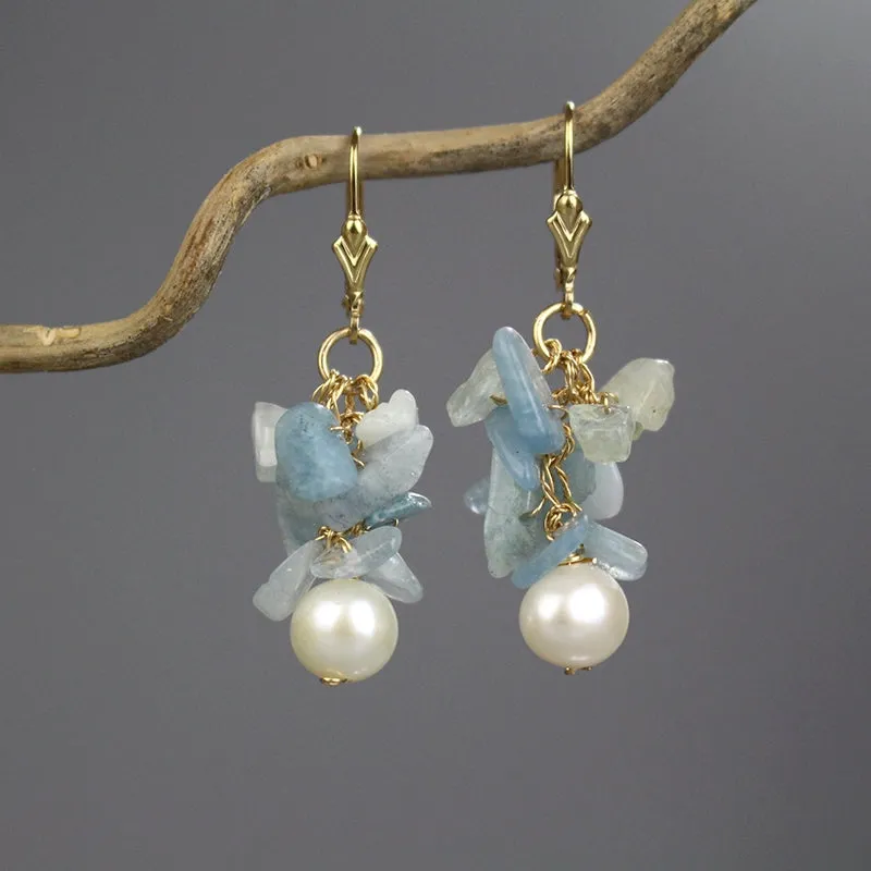 Aquamarine Pearl Cluster Earrings