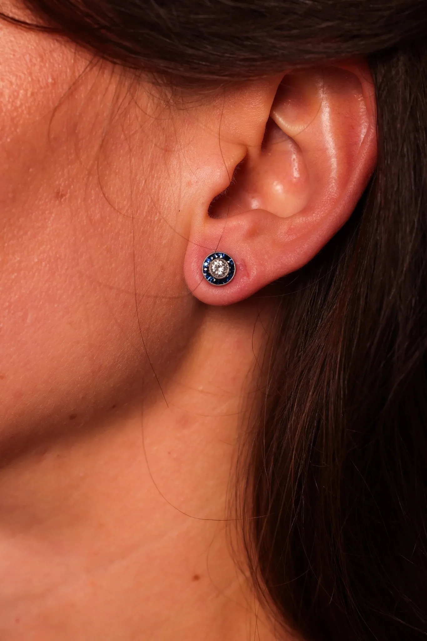 Art Deco Inspired Diamond Sapphire Platinum Target Studs