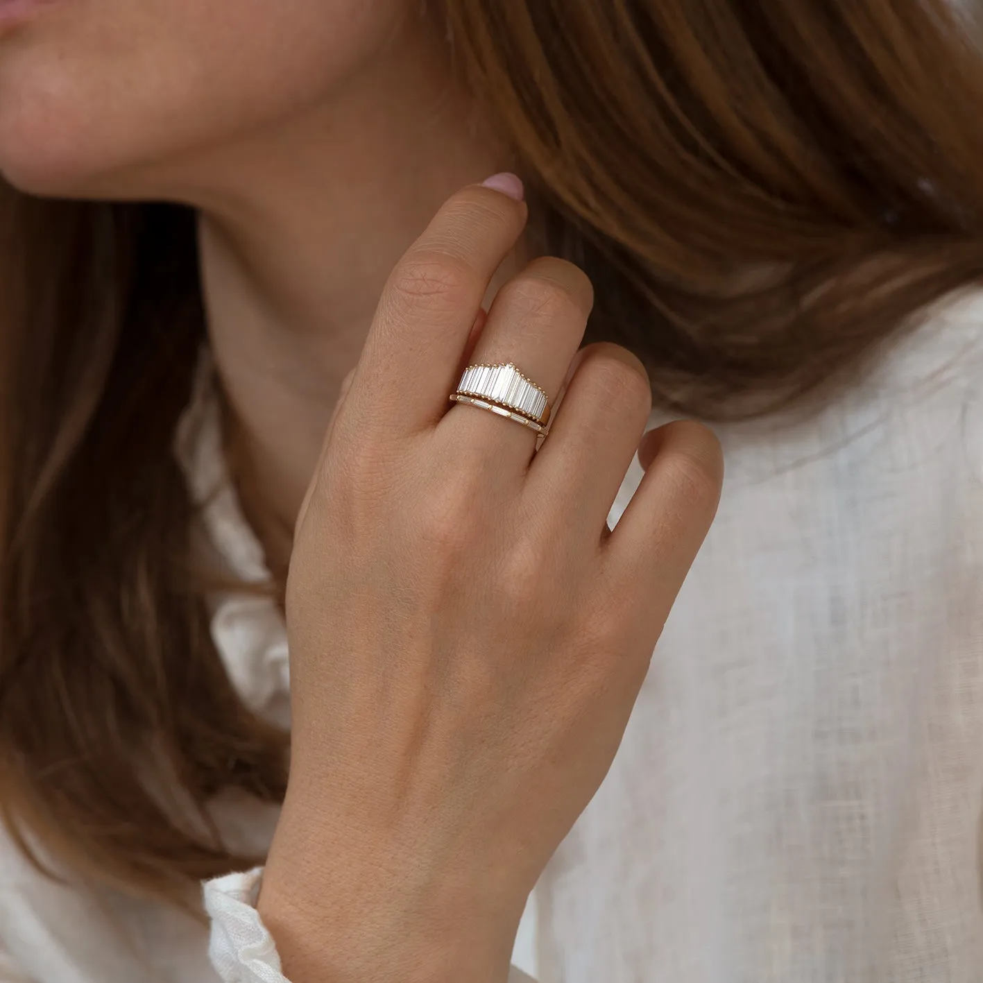 Art Deco Inspired Ring Set with Needle Baguette Diamonds