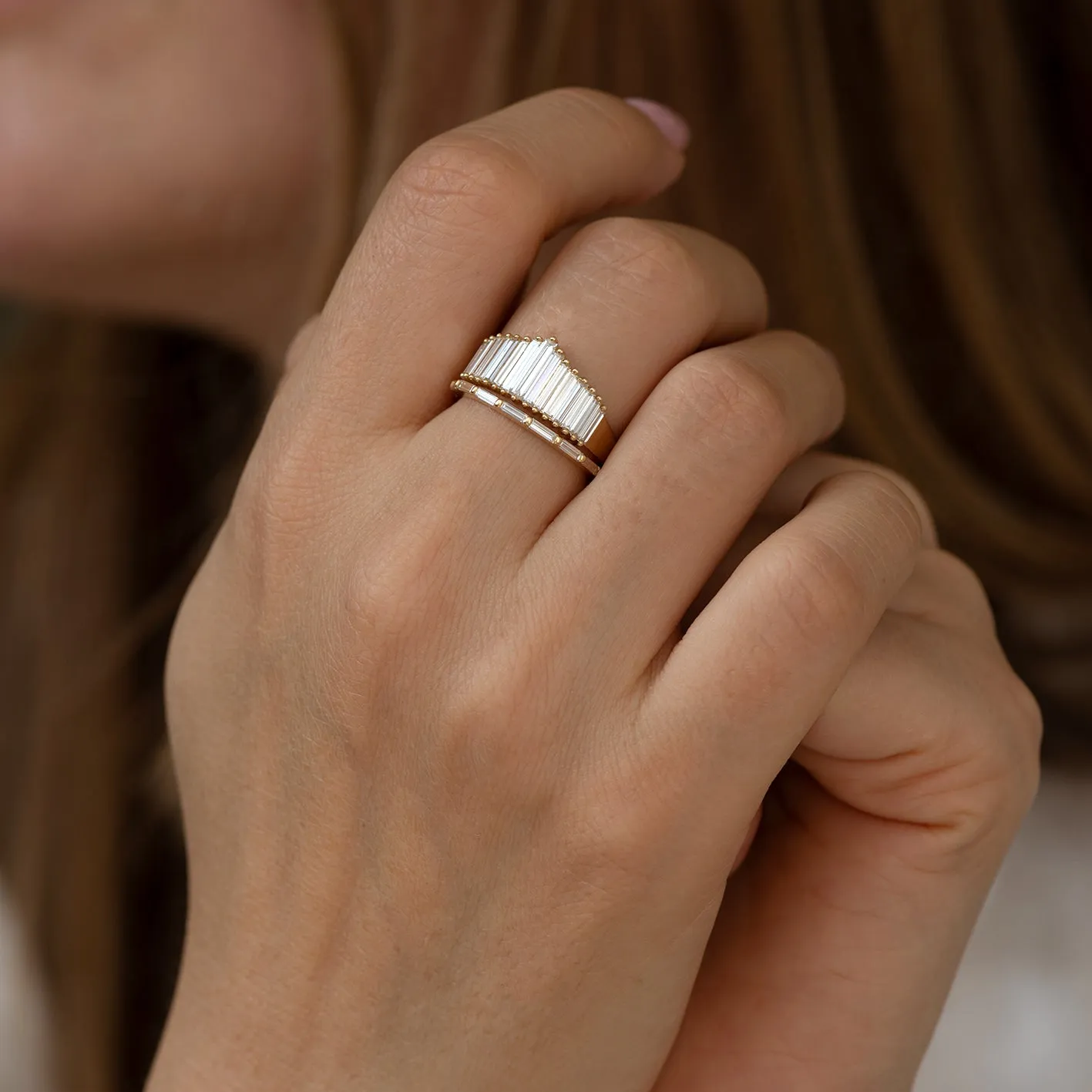 Art Deco Inspired Ring Set with Needle Baguette Diamonds