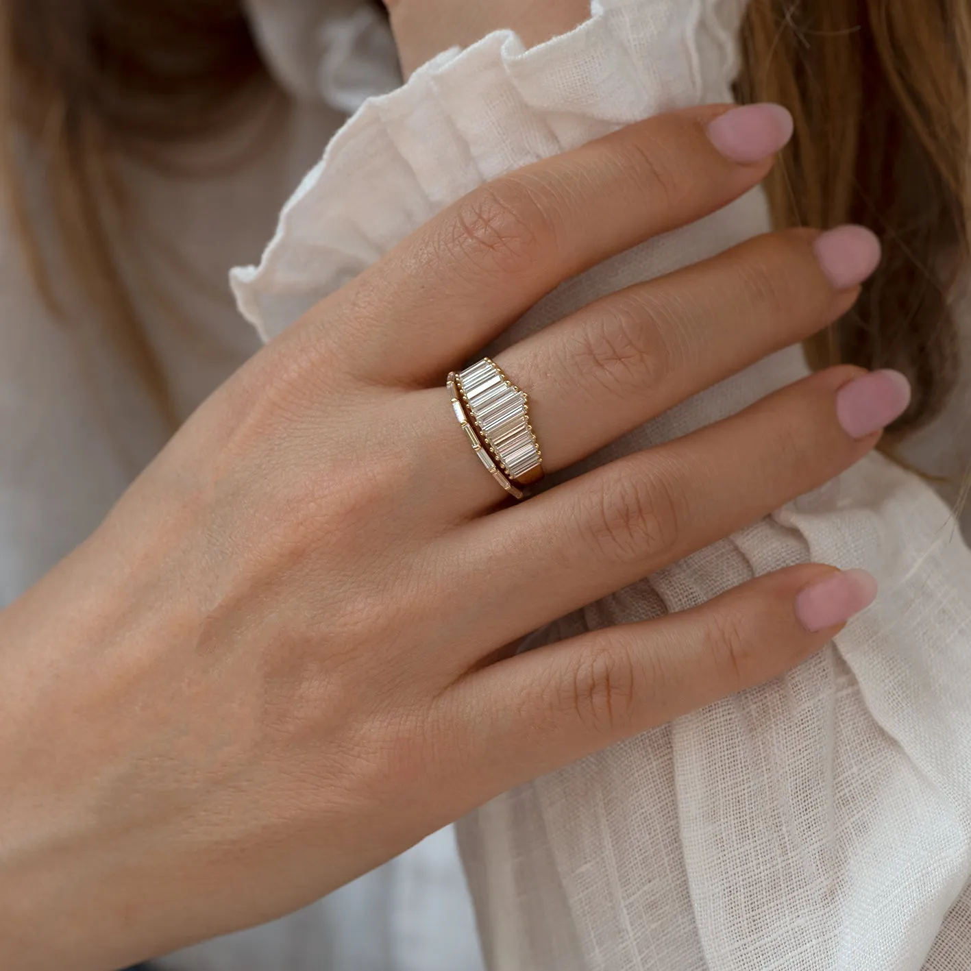 Art Deco Inspired Ring Set with Needle Baguette Diamonds