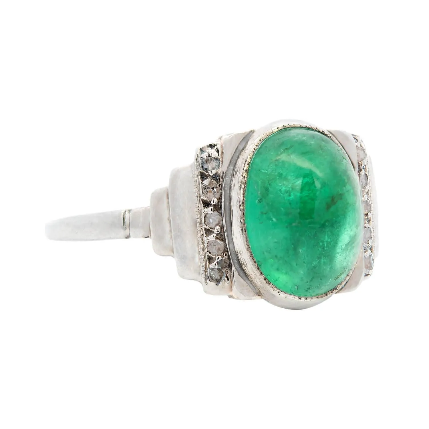 Art Deco Platinum 2.50ctw Cabochon Emerald & Diamond Ring