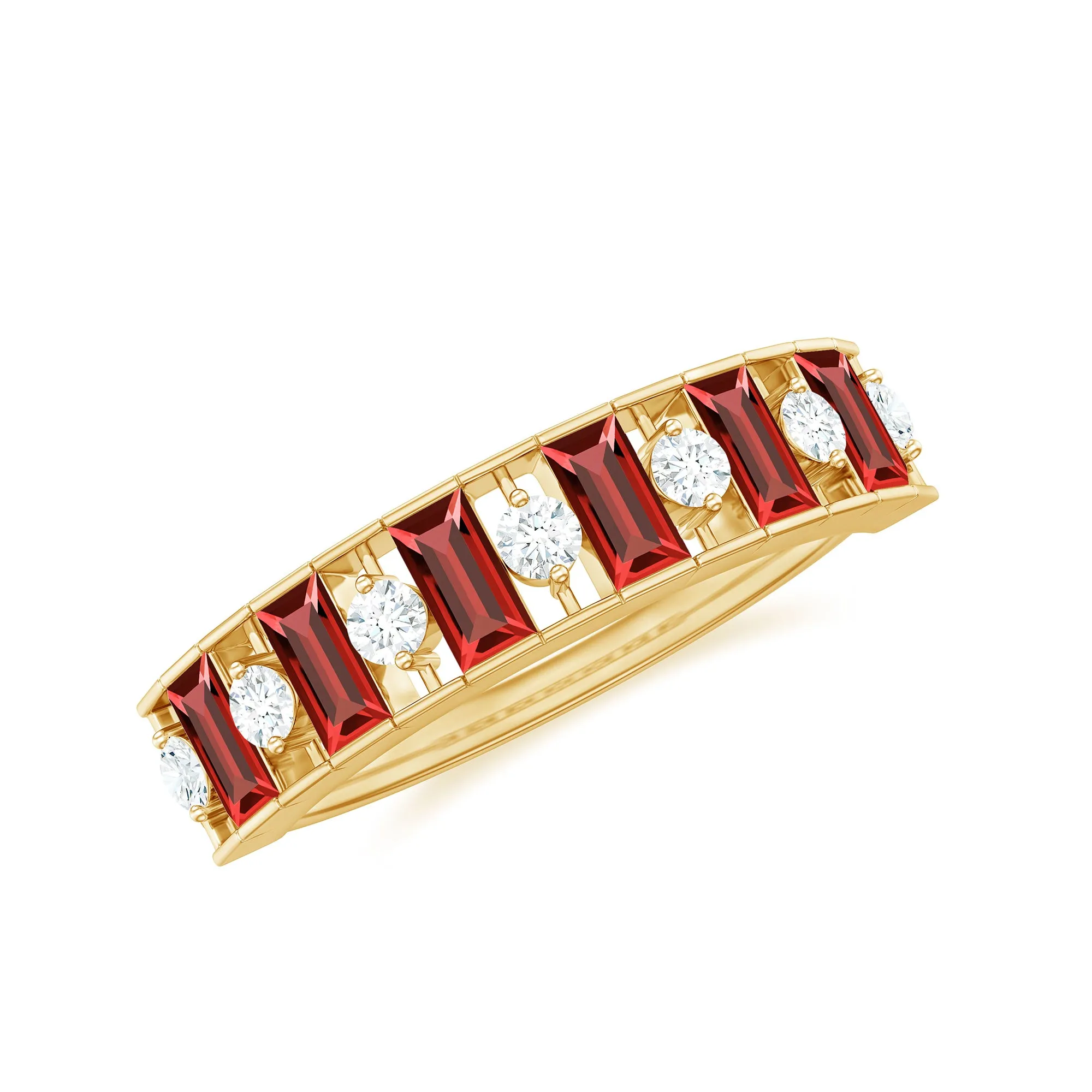 Baguette Cut Created Ruby Classic Half Eternity Ring with Diamond