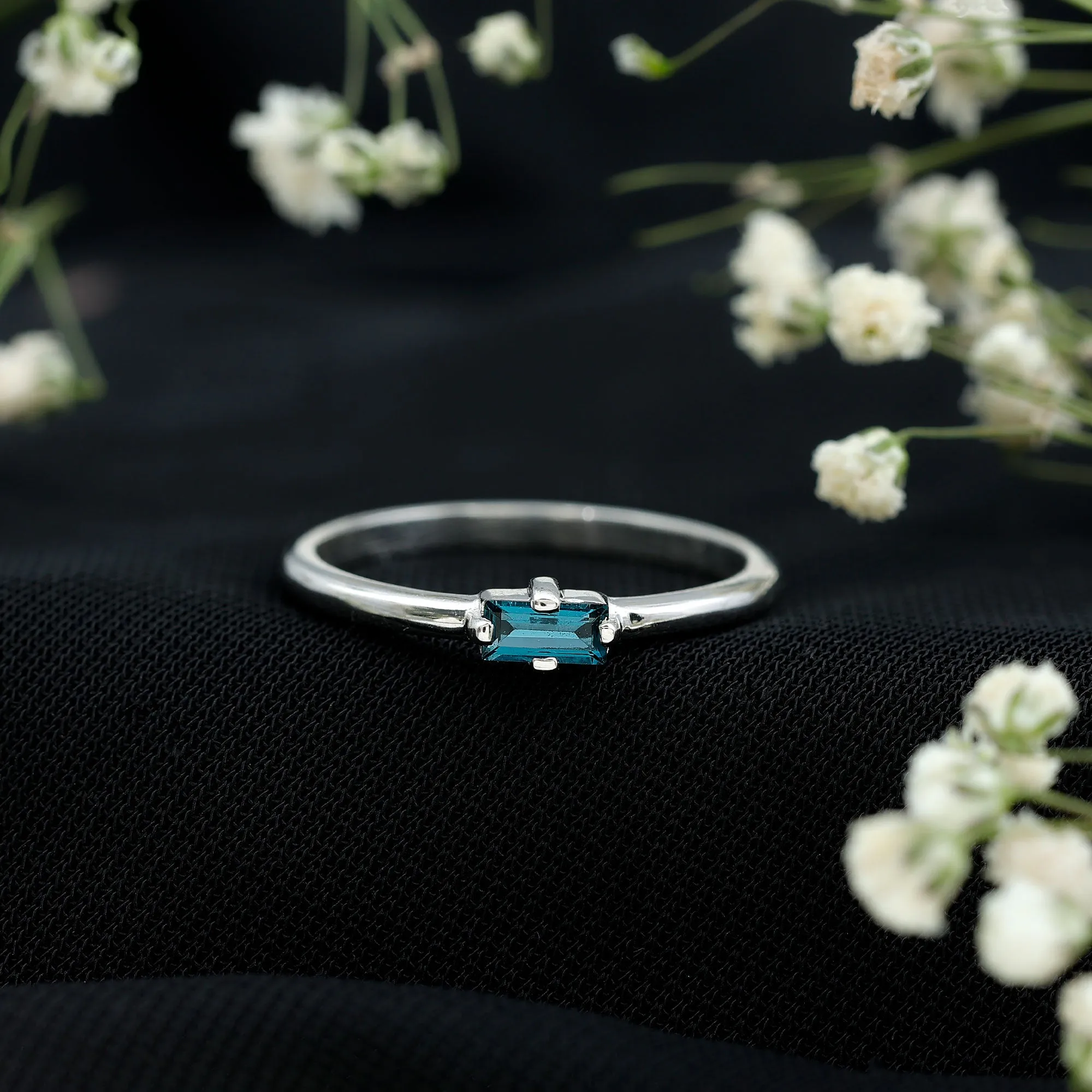 Baguette Cut London Blue Topaz East West Solitaire Ring