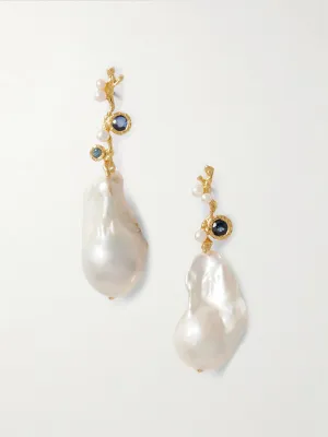 Baroque Floret gold-plated, pearl and sapphire earrings