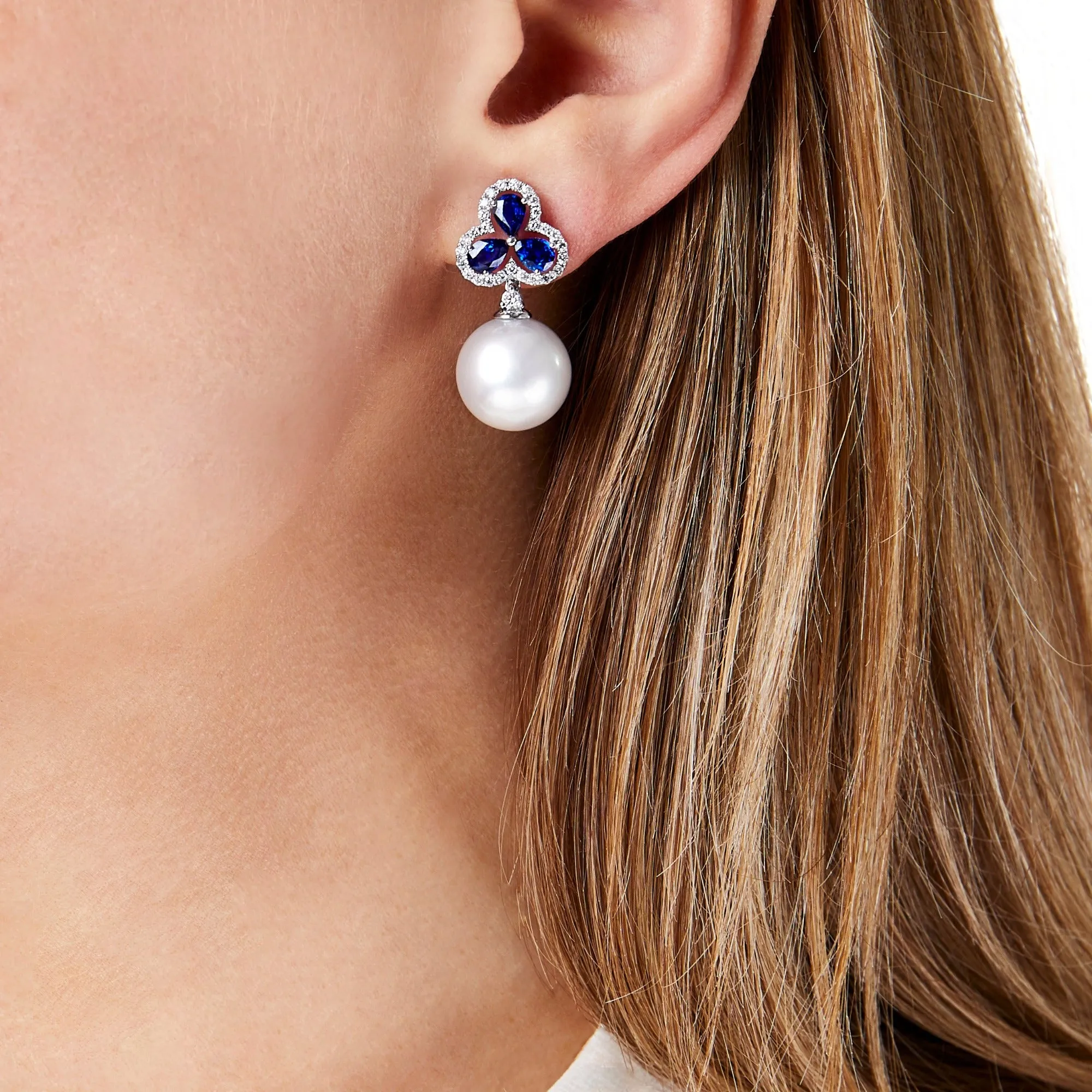 Belgravia South Sea Pearl, Diamond And Sapphire Earrings In 18ct White Gold