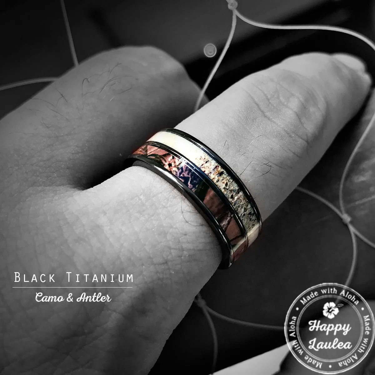 Black Zirconium Ring Camo & Antler Duo Inlay - 8mm, Flat Shape, Comfort Fitment