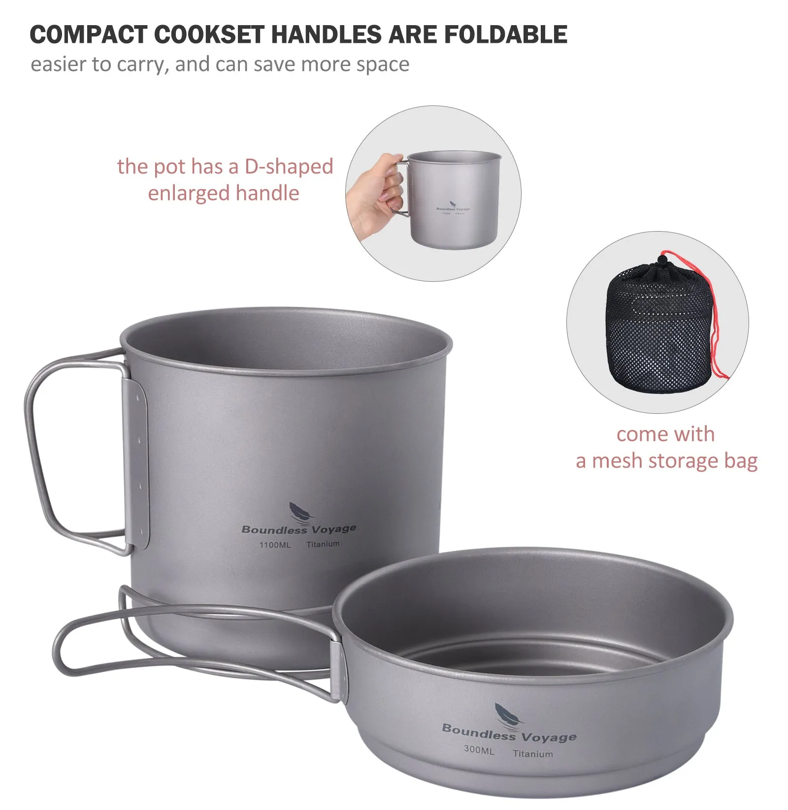 Boundless Voyage Camping Titanium Pot Pan set with Folding Handles Outdoor Picnic Hiking Bowl Plate Mess Kit Tableware Cookware