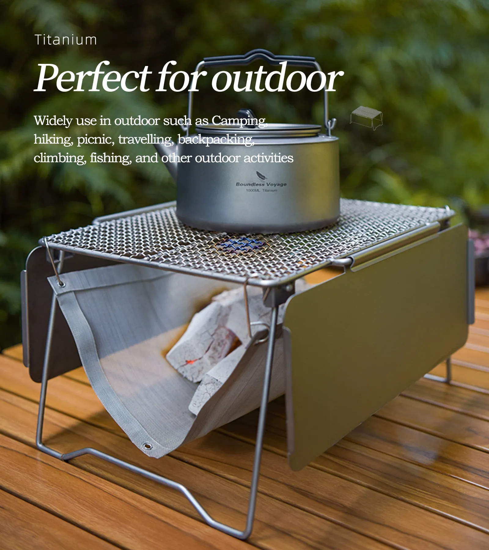 Boundless Voyage Titanium Folding Campfire Grill 2 in 1 Portable Grill Camping Table with Frying Plate & Folding Legs Outdoor Picnic Backpacking BBQ Charcoal Collapsible Grilled Net