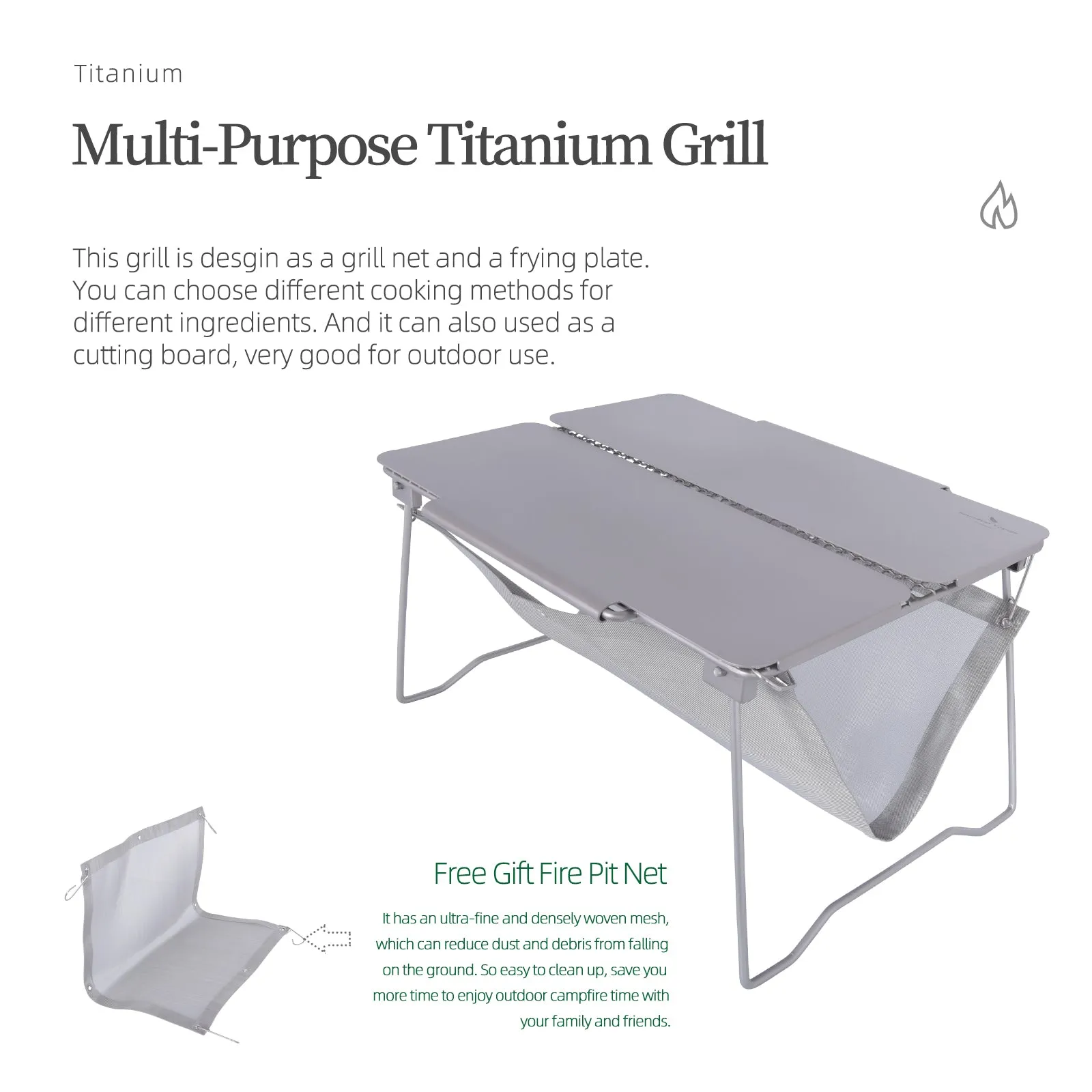 Boundless Voyage Titanium Folding Campfire Grill 2 in 1 Portable Grill Camping Table with Frying Plate & Folding Legs Outdoor Picnic Backpacking BBQ Charcoal Collapsible Grilled Net