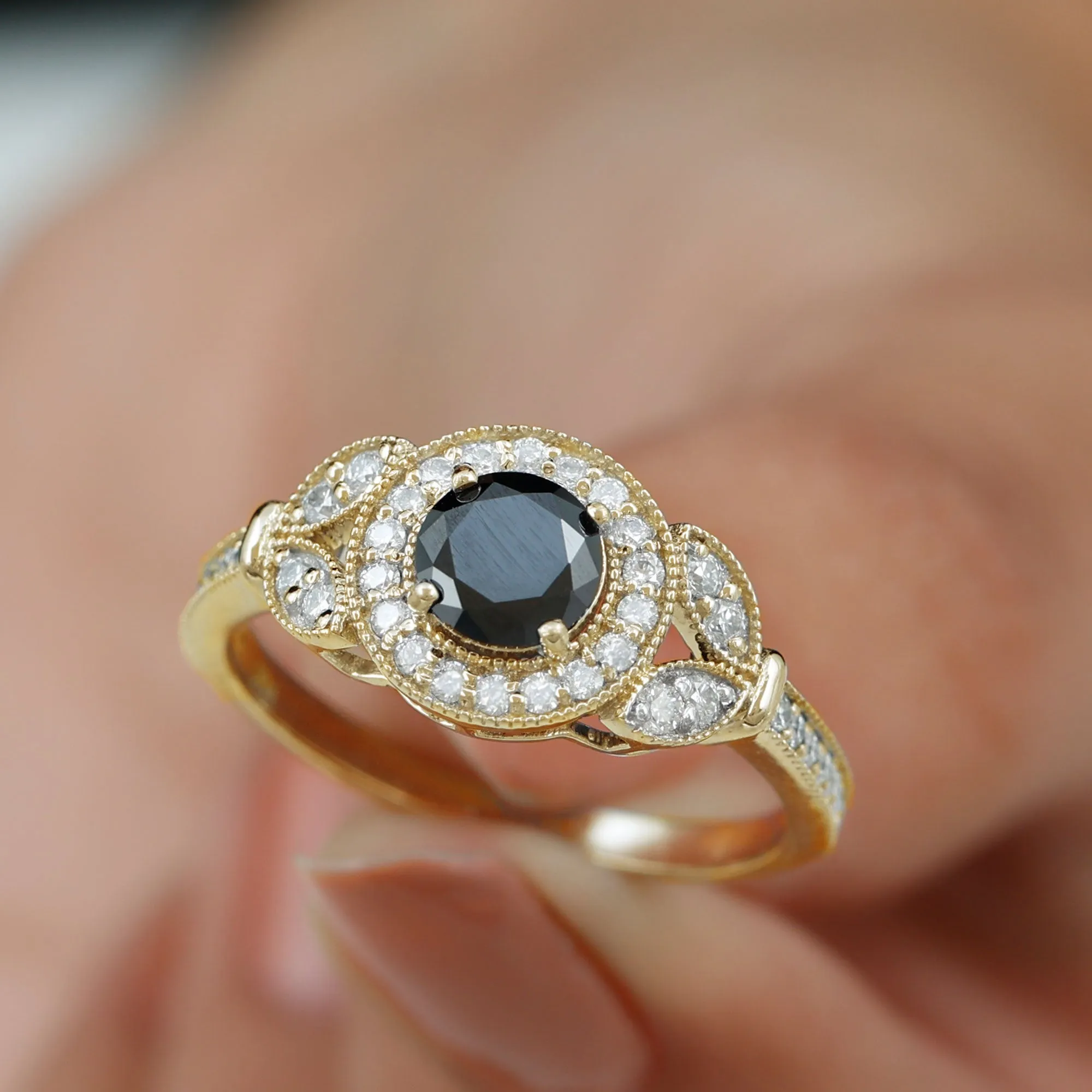 Certified Created Black Diamond Vintage Style Engagement Ring with Diamond