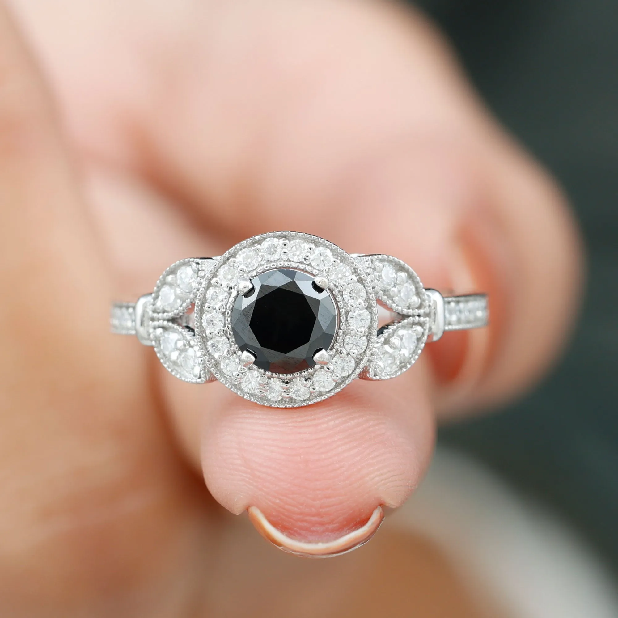 Certified Created Black Diamond Vintage Style Engagement Ring with Diamond