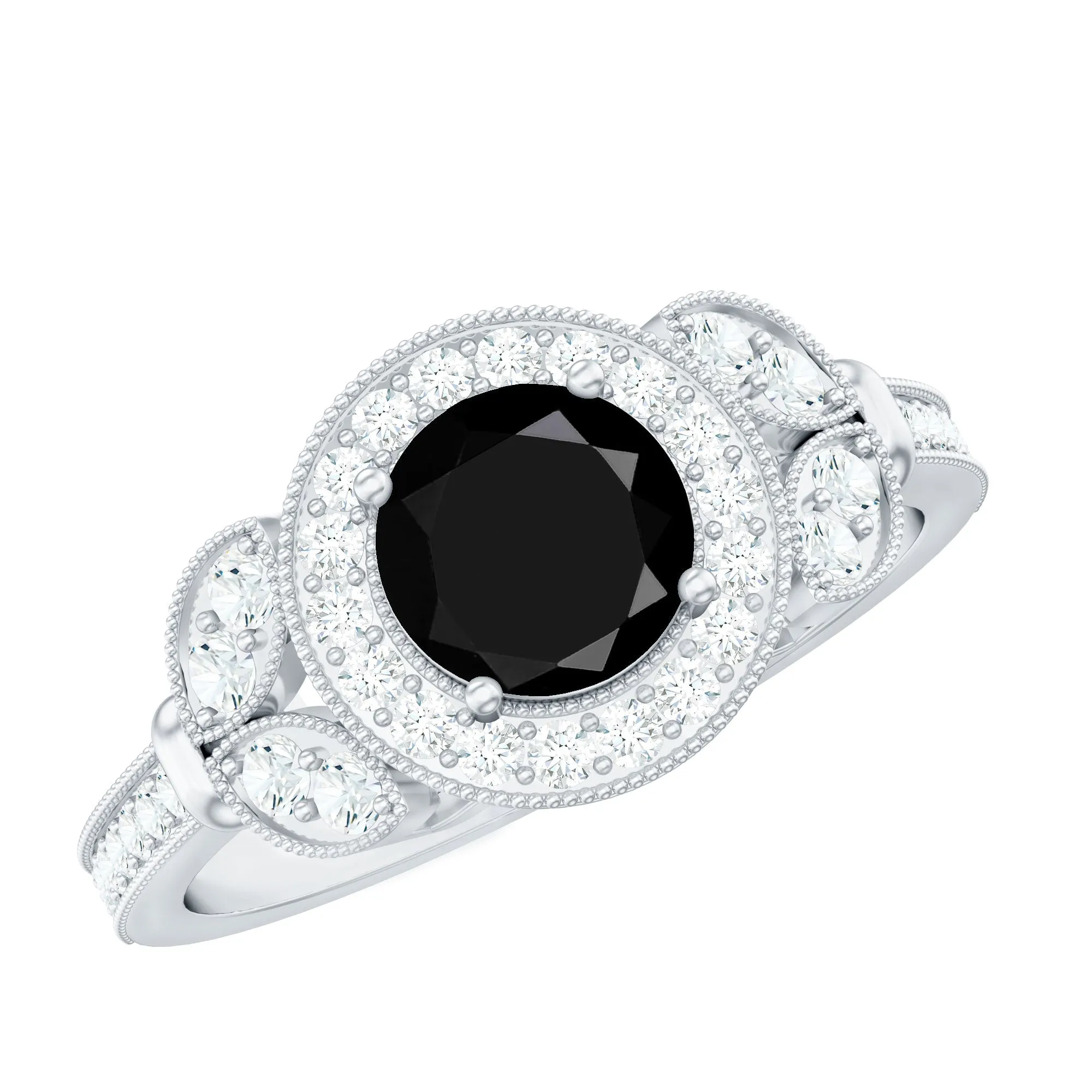 Certified Created Black Diamond Vintage Style Engagement Ring with Diamond