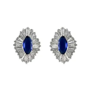 Classic Elegant Diamond Form Baguette Setting Sapphire Color CZ Stud Brass Earrings