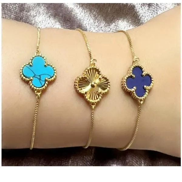 Clover Charm on Plated Gold Pull Chain Bracelet: Turquoise (PBT4CLVTQ)