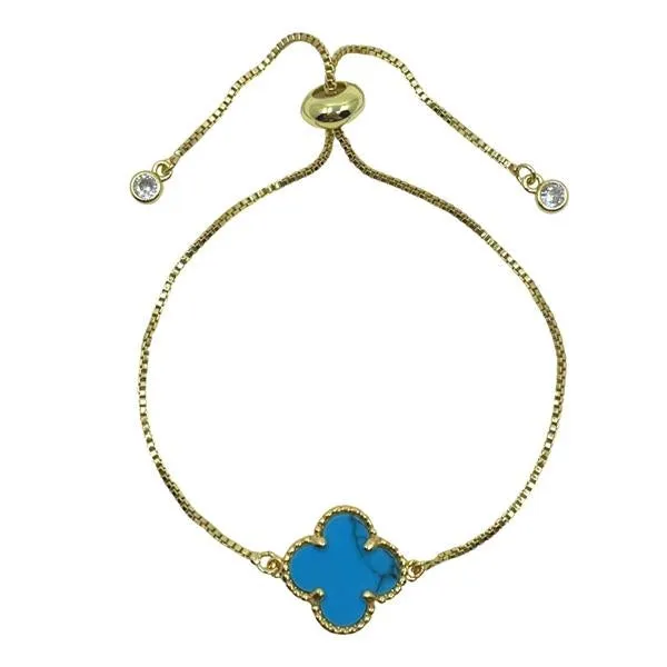 Clover Charm on Plated Gold Pull Chain Bracelet: Turquoise (PBT4CLVTQ)