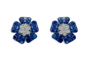 Earrings 18kt Gold Flowers Square Sapphires & Diamonds