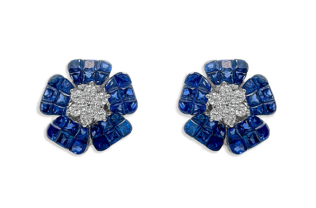 Earrings 18kt Gold Flowers Square Sapphires & Diamonds